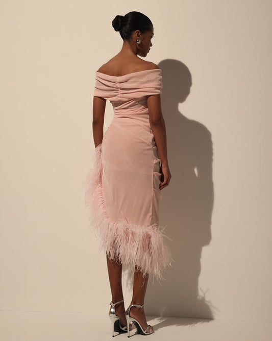 VELVET DRESS WITH FEATHERS
