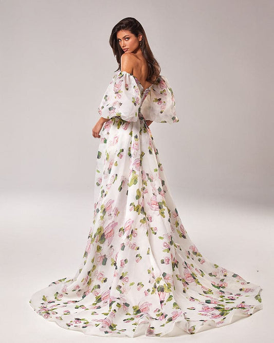 APPLE BLOSSOM ELEGANT FLORAL PUFF SLEEVE MAXI DRESS