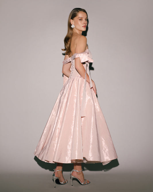 MISTY ROSE TAFFETA CORSET MIDI DRESS