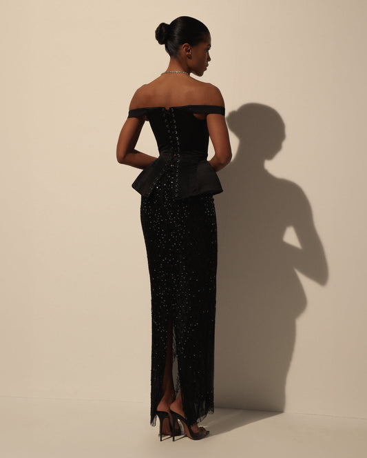 BLACK SEMI-SHEER EMBROIDERED LACE MAXI SKIRT
