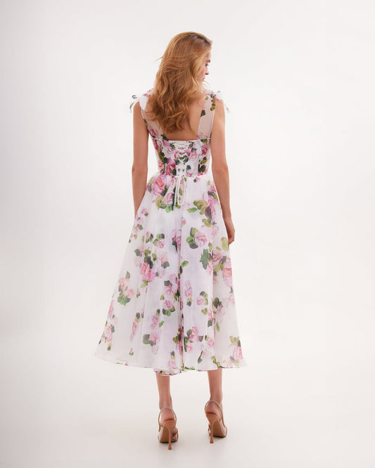 TENDER FLORAL MIDI TIE-STRAP DRESS
