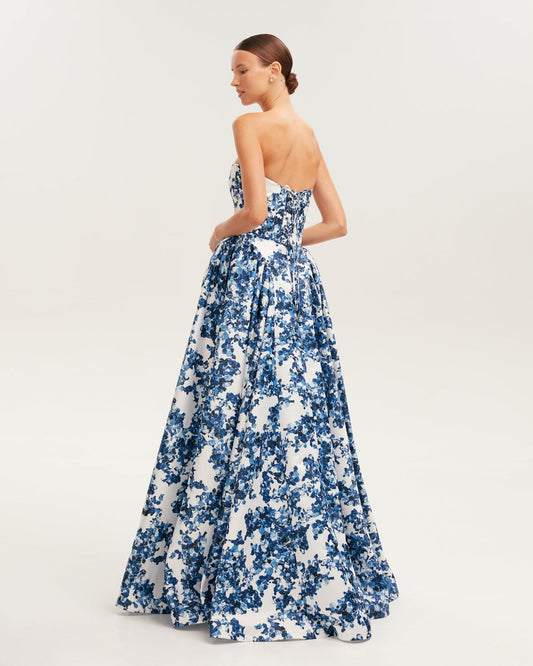 RAVISHING BLUE HYDRANGEA CORSET MAXI DRESS, GARDEN OF EDEN