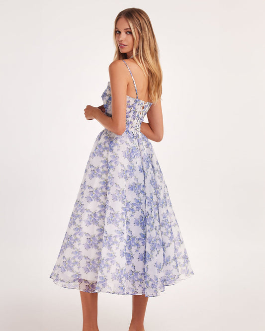 BLUE HYDRANGEA SPAGHETTI STRAP MIDI DRESS