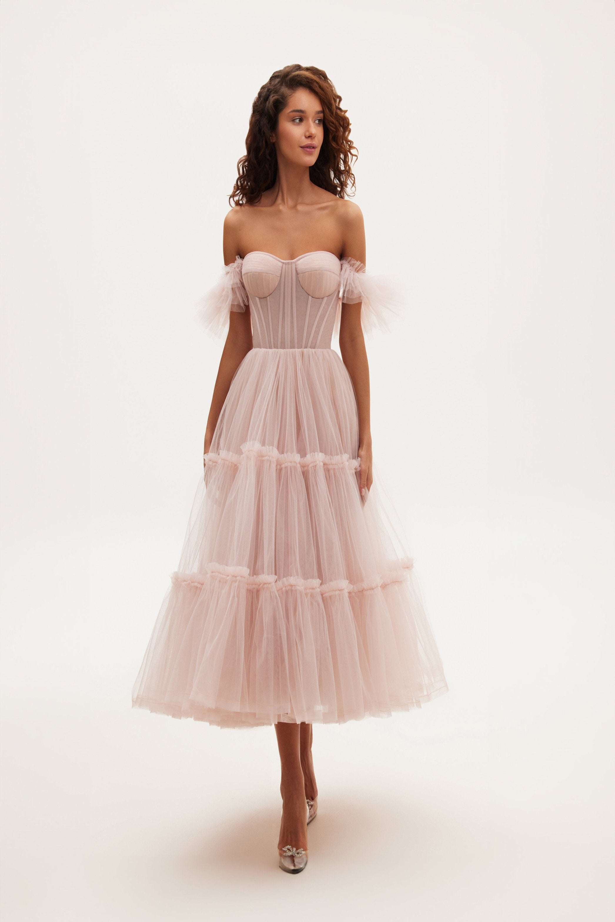 pink tulle midi dress MISTY ROSE RUFFLED TULLE MIDI DRESS – Amalthrea