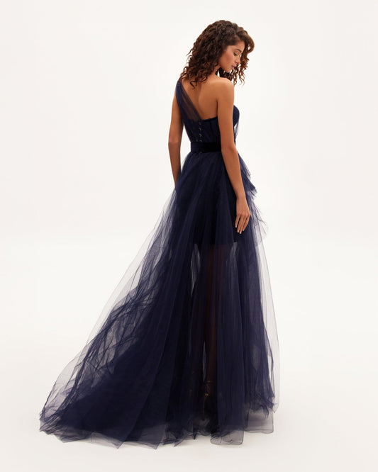 ROYAL NAVY TULLE GOWN WITH DETACHABLE SLEEVE
