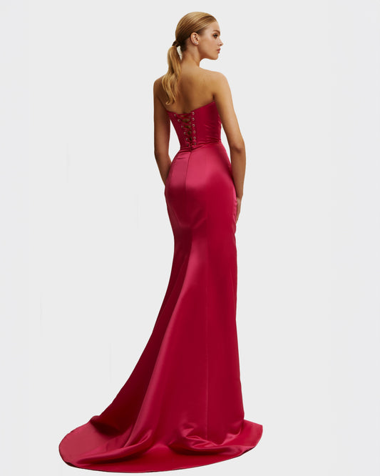 FUCHSIA STRAPLESS THIGH SLIT EVENING GOWN
