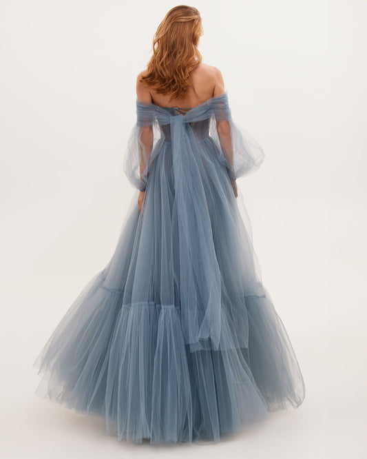 OCEAN WAVE SHEER SLEEVES MAXI TULLE DRESS