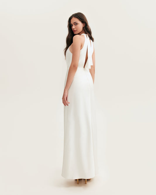 LOVELY WHITE HALTERNECK SATIN MAXI DRESS