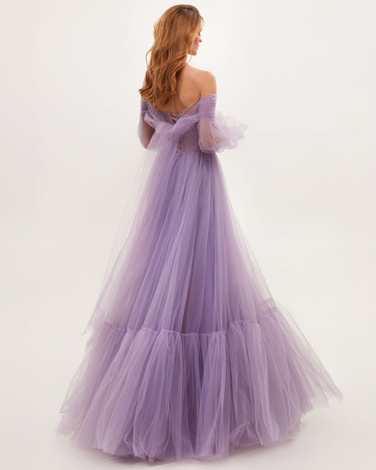 LAVENDER SHEER SLEEVES MAXI TULLE DRESS