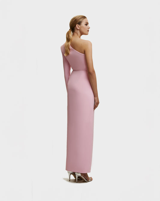 PINK LONG SLEEVED SHARP SHOULDER CUT MAXI DRESS