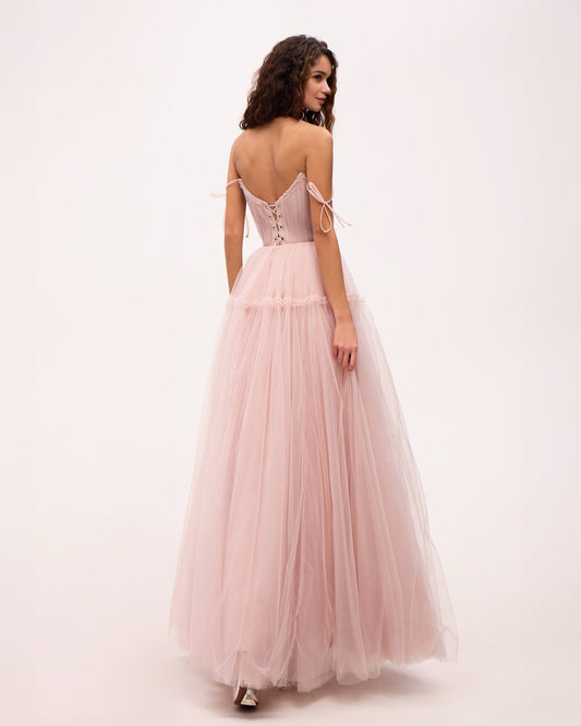 MISTY ROSE TIE STRAPS TULLE PROM DRESS