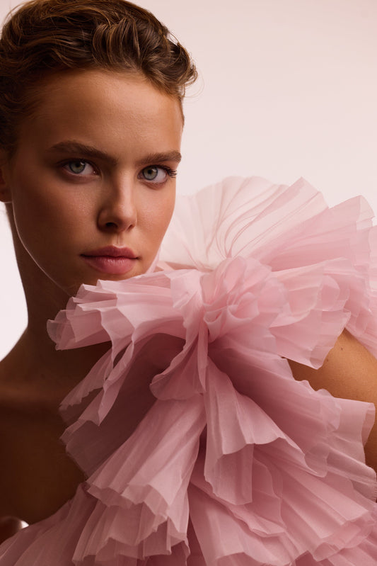 FLIRTY RUFFLED ONE SHOULDER ORGANZA PINK TOP