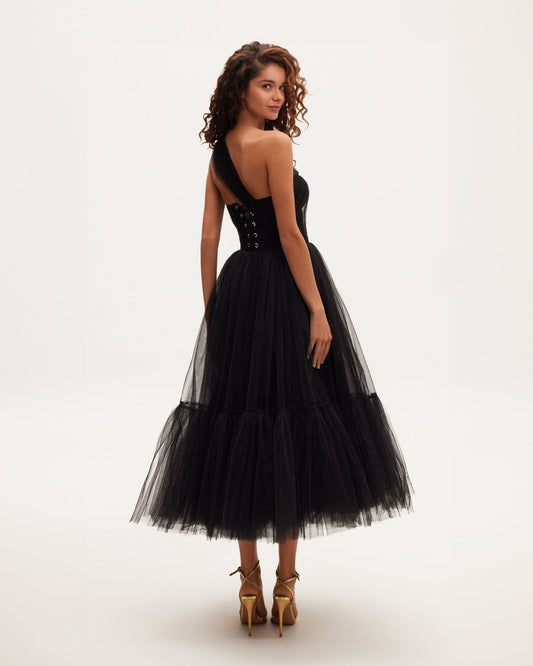 BLACK ONE SHOULDER COCKTAIL TULLE DRESS