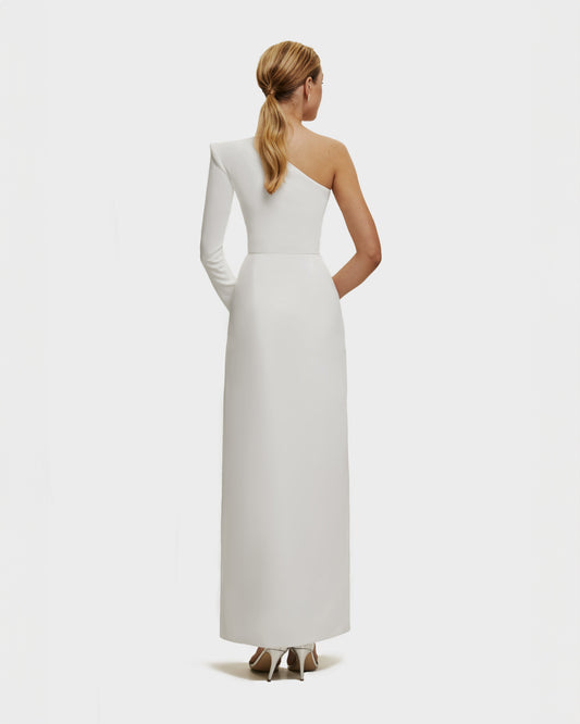WHITE LONG SLEEVED SHARP SHOULDER CUT MAXI DRESS
