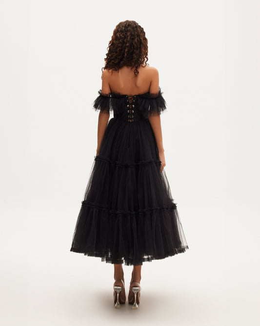 BLACK RUFFLED TULLE MIDI DRESS