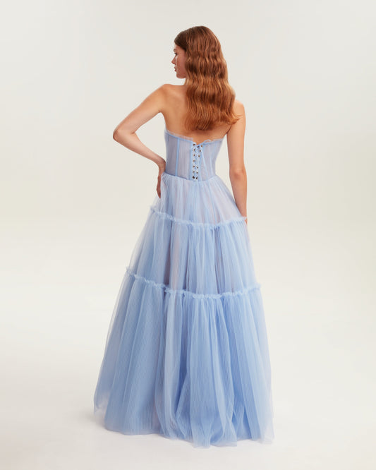 LIGHT BLUE RUFFLED SKIRT TULLE MAXI DRESS