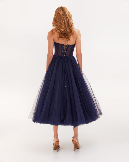 NAVY STRAPLESS PUFFY MIDI TULLE DRESS