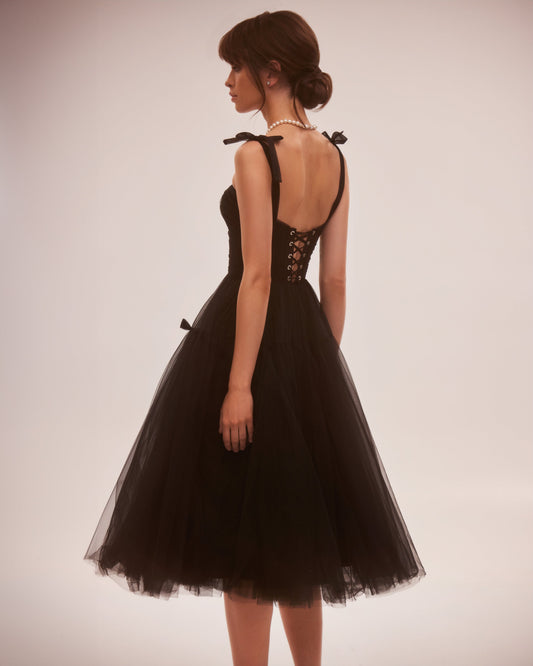ADORABLE MIDI TIE STRAP BLACK TULLE DRESS