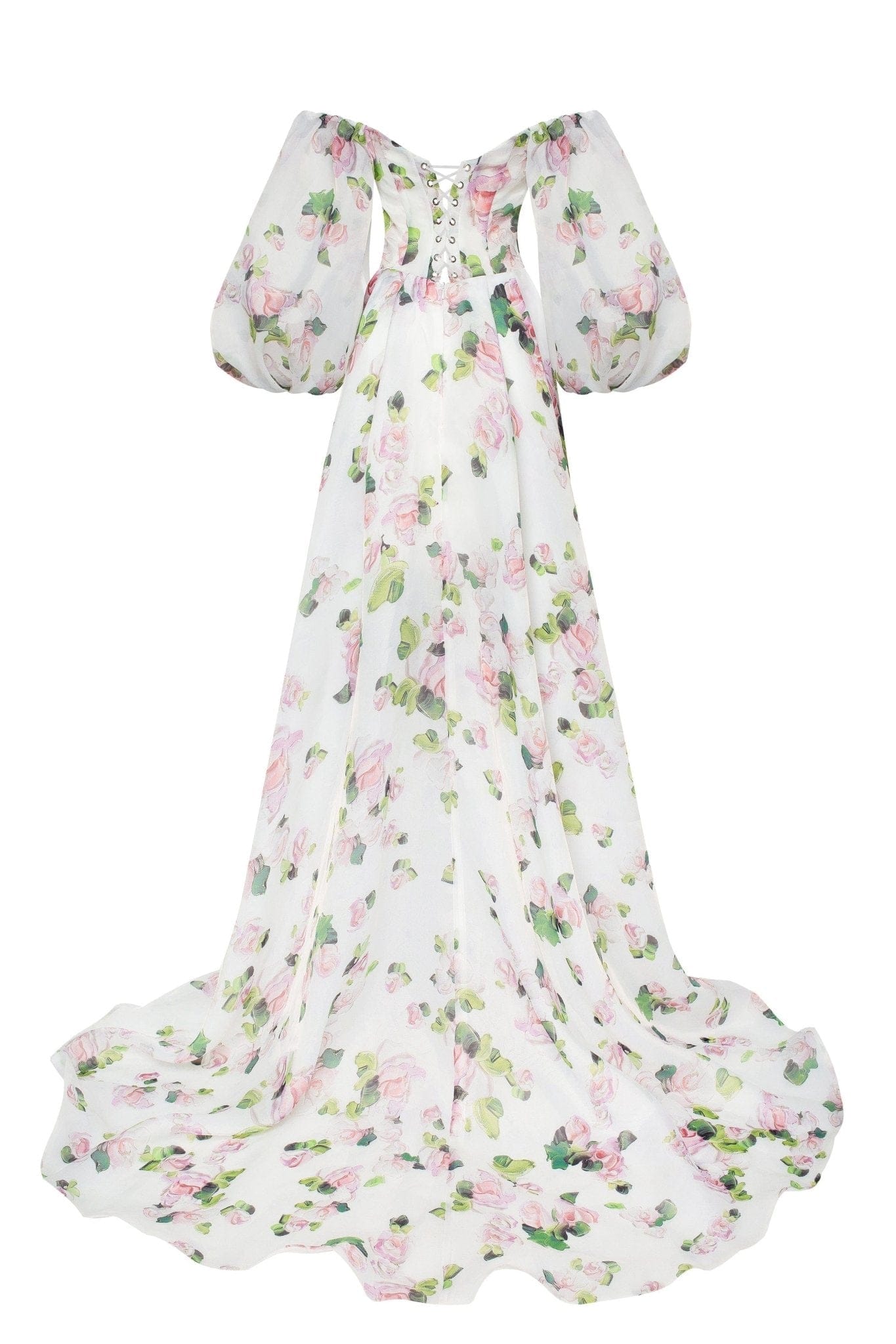 APPLE BLOSSOM ELEGANT FLORAL PUFF SLEEVE MAXI DRESS