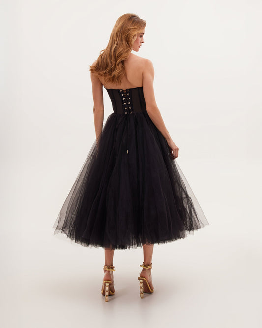 BLACK STRAPLESS PUFFY MIDI TULLE DRESS
