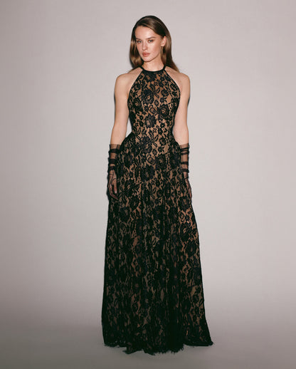 BLACK CHANTILLY LACE MAXI DRESS