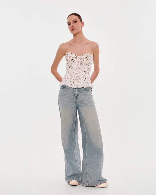 ROMANTIC APPLE BLOSSOM CORSET WITH ROSEBUD APPLIQUES