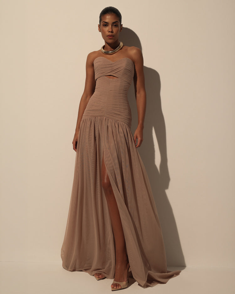 MAXI DRESS IN ITALIAN MESH WITH CORSET BODICE