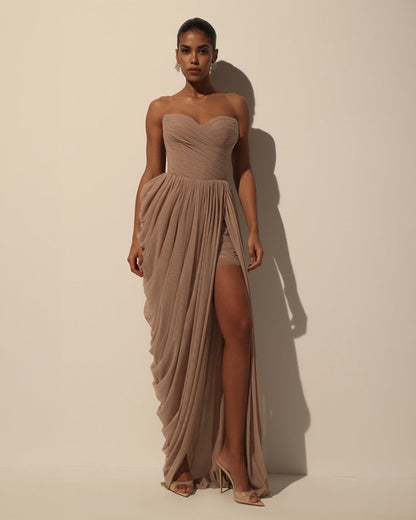 DRESS WITH CORSET BODICE AND DRAPING