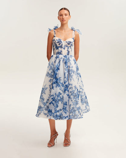 CHARMING BLUE HYDRANGEA-PATTERNED ORGANZA MIDI DRESS, GARDEN OF EDEN