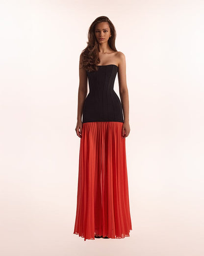 BLACK&CORAL DRESS WITH A PLEATED SKIRT, PARISIENNE