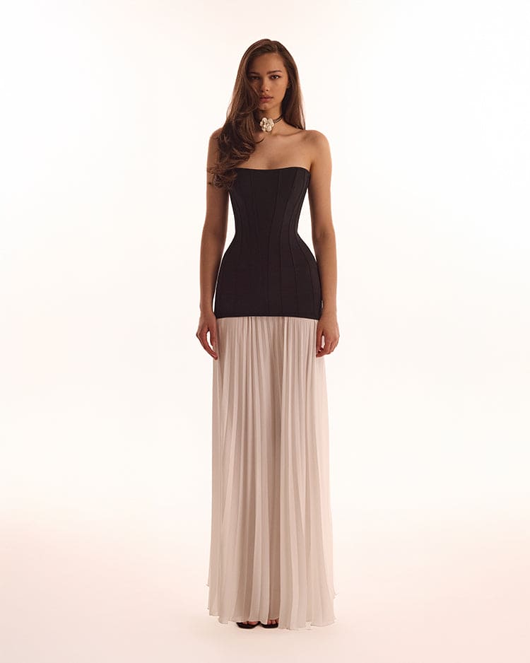 BLACK&WHITE DRESS WITH A PLEATED SKIRT, PARISIENNE