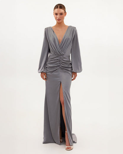 FANCY SILVER SILK MAXI EVENING DRESS