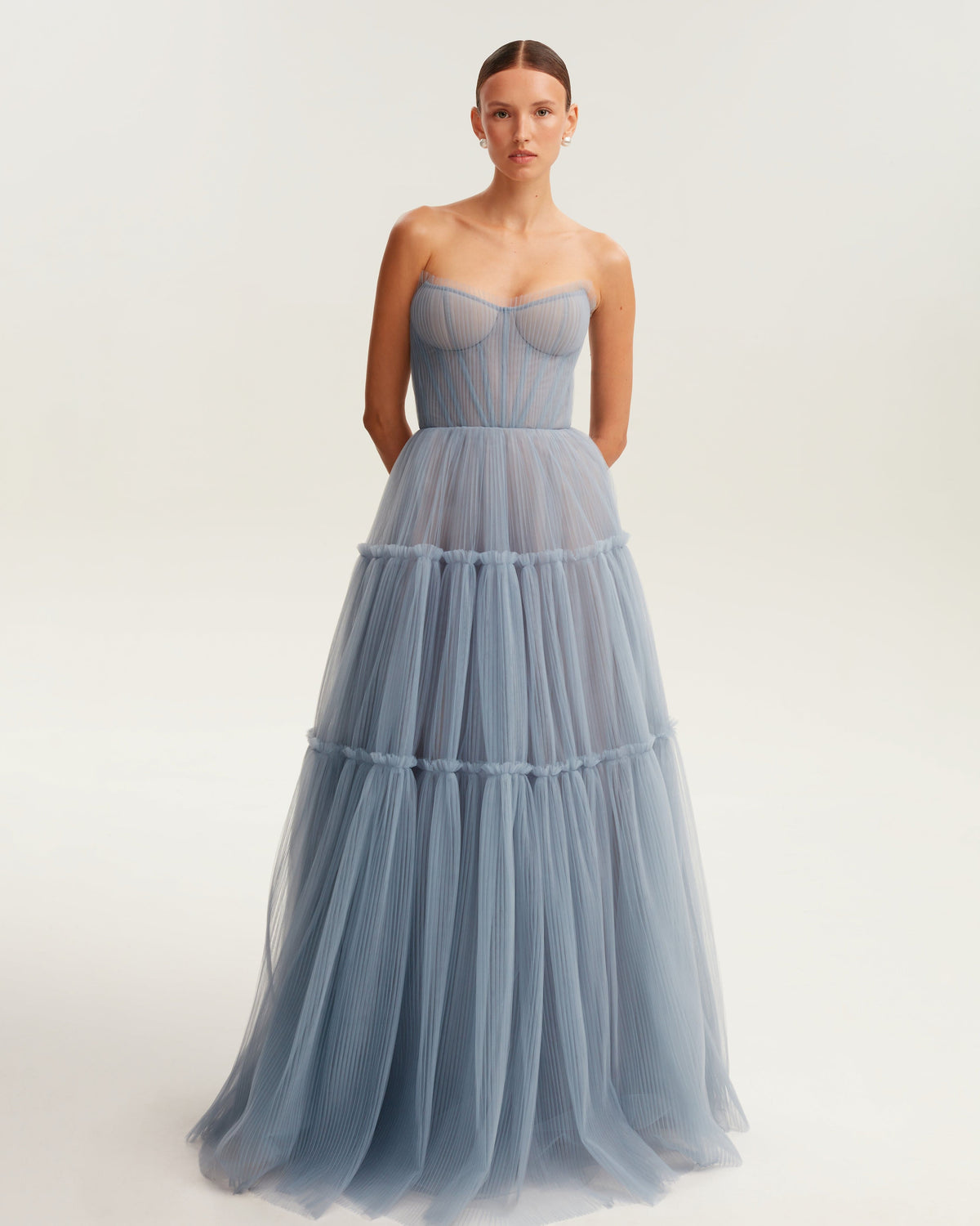 CLOUDY BLUE TULLE MAXI DRESS WITH RUFFLED SKIRT, GARDEN OF EDEN