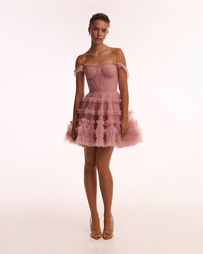 FLIRTY RUFFLED TULLE MINI DRESS IN MISTY ROSE, GLOW-UP