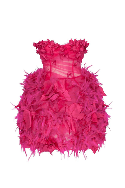 EPIC FUCHSIA TULLE MINI DRESS WITH FLORAL AND FEATHER APPLICATION
