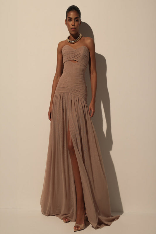MAXI DRESS IN ITALIAN MESH WITH CORSET BODICE