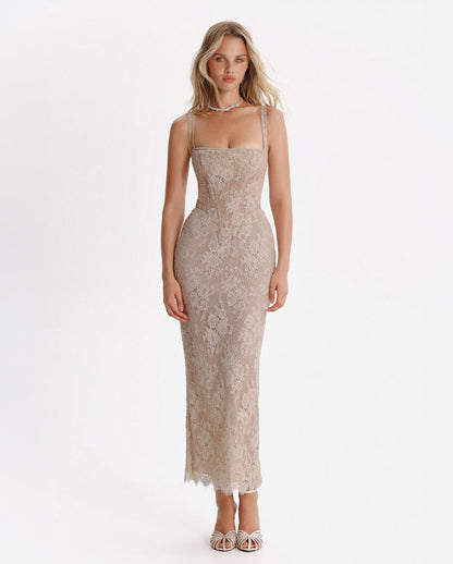 BEIGE SEQUINNED MAXI DRESS