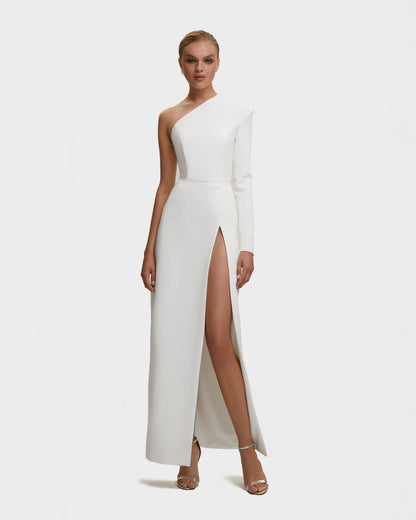 WHITE LONG-SLEEVED DRESS WITH SHARP SHOULDER CUT