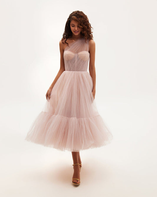MISTY ROSE ONE-SHOULDER COCKTAIL TULLE DRESS