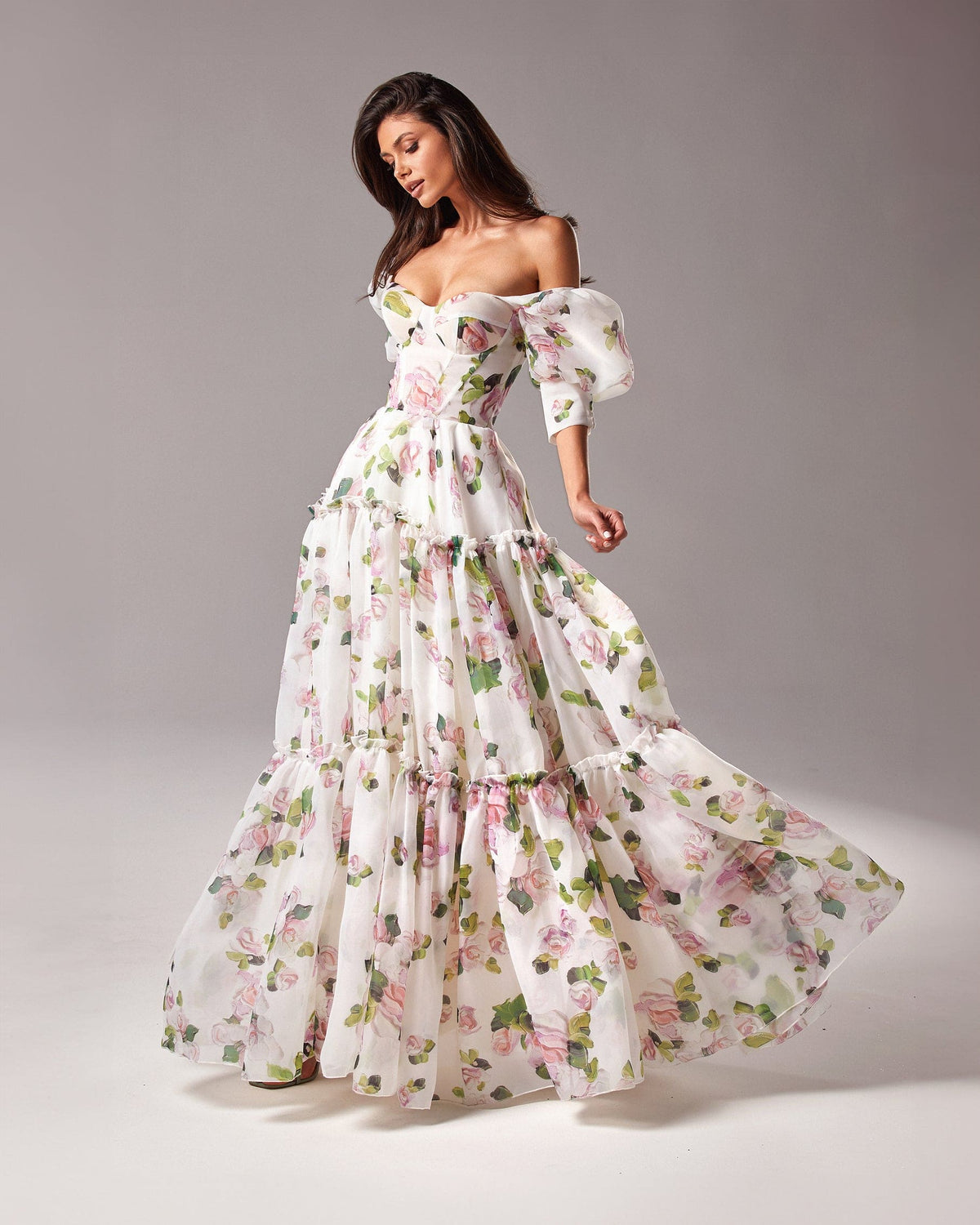 APPLE BLOSSOM FEMININE VOLUMINOUS SHEER SLEEVES DRESS