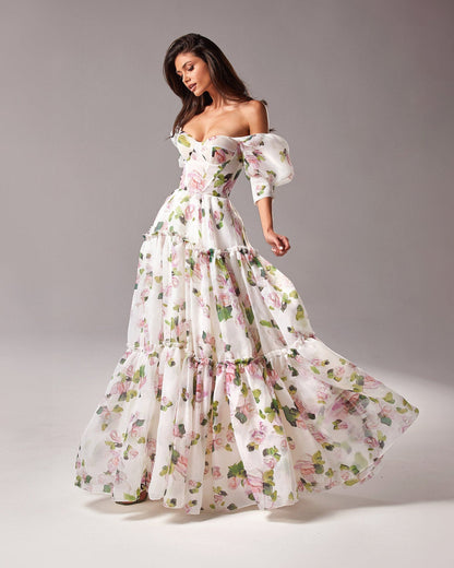 APPLE BLOSSOM FEMININE VOLUMINOUS SHEER SLEEVES DRESS