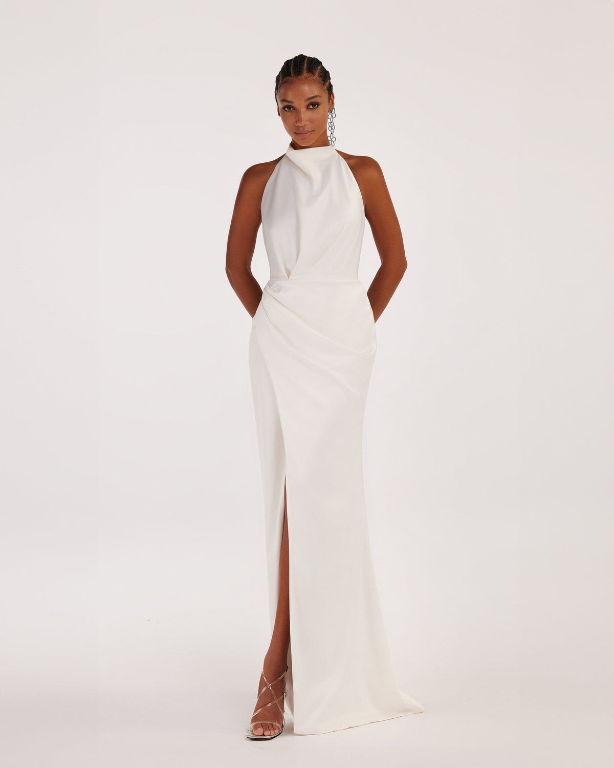 WHITE MOCK NECK SLEEVELESS LOW SLIT DRESS