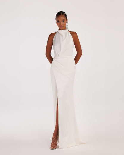 WHITE MOCK NECK SLEEVELESS LOW SLIT DRESS