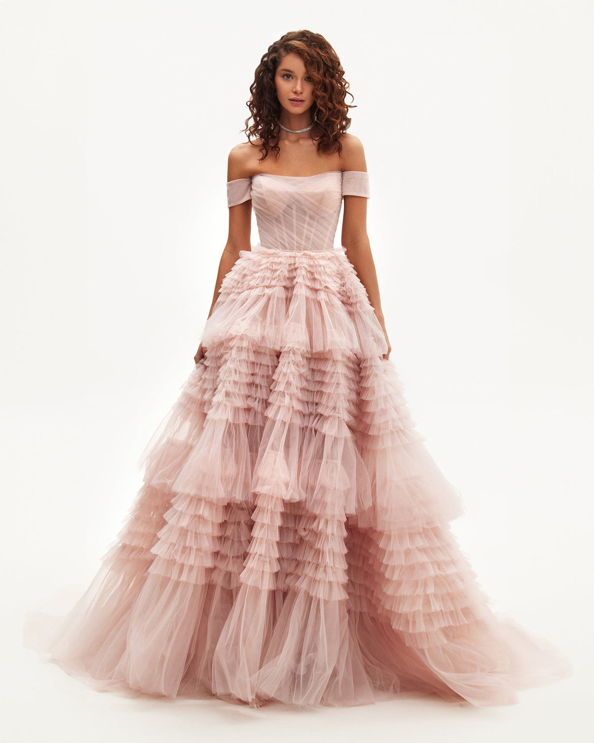 MISTY ROSE OFF-THE-SHOULDER FRILL-LAYERED GOWN