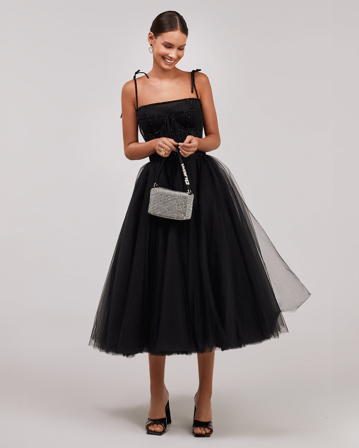 BLACK TIE-STRAP COCKTAIL DRESS WITH THE ELEGANT CORSET EMBROIDERY