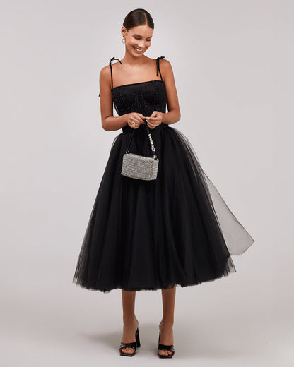 BLACK TIE-STRAP COCKTAIL DRESS WITH THE ELEGANT CORSET EMBROIDERY