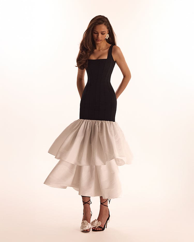 BLACK FITTED MAXI DRESS WITH WHITE PUFFY TIERED SKIRT, PARISIENNE