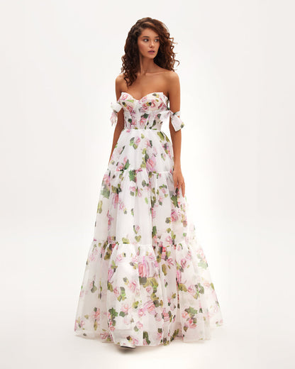 APPLE BLOSSOM TENDER FLORAL MAXI TIE-STRAP DRESS