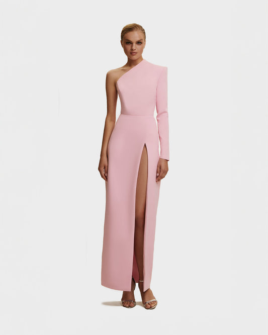 PINK LONG-SLEEVED DRESS WITH SHARP SHOULDER CUT