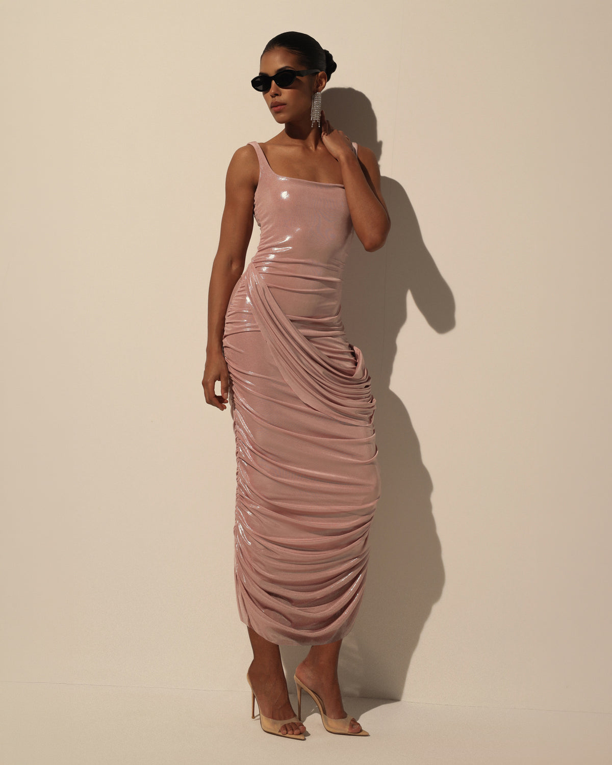 DRAPED MIDI DRESS WITH METALLIC SHEEN